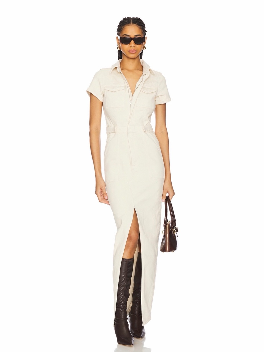 Classic Cream Utility Shirt Dress with Front Slit